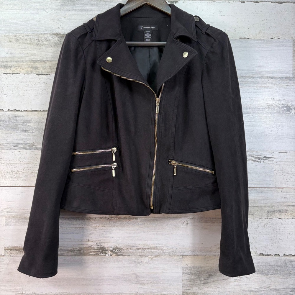 INC International Concepts Womens Black Faux Suede Moto Jacket‎ Gold Zip Medium